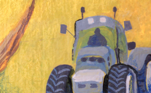 Cover image for Fields of Change issue: a painting with a golden field, a tractor, and berries